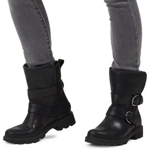 Sorel Lennox Moto Cozy Shearling Lined Boots Black Sz 7.5