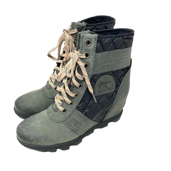 Sorel Lexie Wedge Boots Dark Slate Leather Lace-Up Size US 8.5