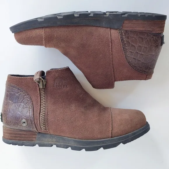 Sorel Major Low Casual Booties Suede &amp; Croc Embossed Leather  Ankle Boots Size 7
