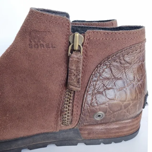 Sorel Major Low Casual Booties Suede &amp; Croc Embossed Leather  Ankle Boots Size 7