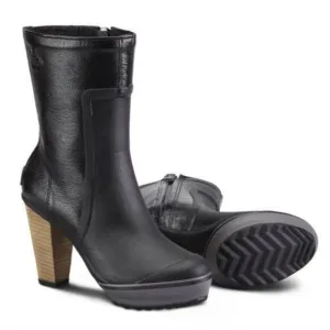 Sorel Medina Tall Rain Boots Wooden Heel Black Leather &amp; Rubber Size 8.5