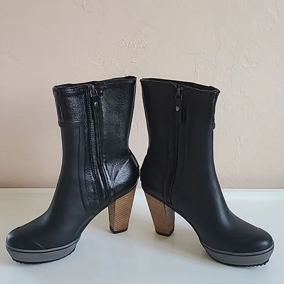 Sorel Medina Tall Rain Boots Wooden Heel Black Leather &amp; Rubber Size 8.5