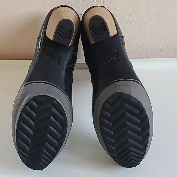 Sorel Medina Tall Rain Boots Wooden Heel Black Leather &amp; Rubber Size 8.5