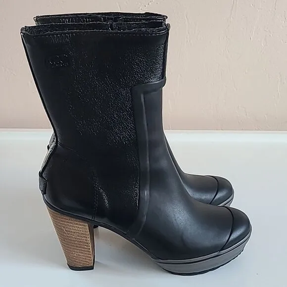 Sorel Medina Tall Rain Boots Wooden Heel Black Leather &amp; Rubber Size 8.5
