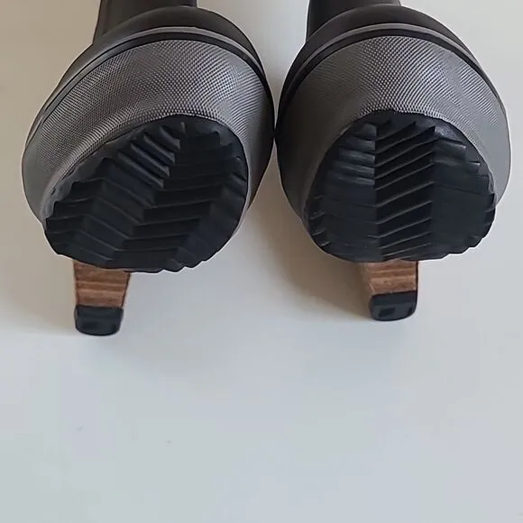 Sorel Medina Tall Rain Boots Wooden Heel Black Leather &amp; Rubber Size 8.5
