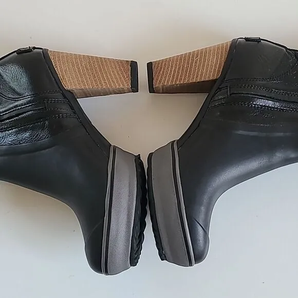 Sorel Medina Tall Rain Boots Wooden Heel Black Leather &amp; Rubber Size 8.5