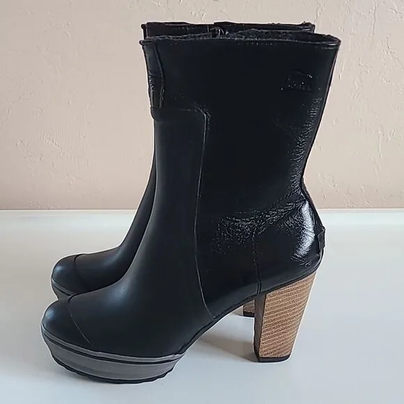 Sorel Medina Tall Rain Boots Wooden Heel Black Leather &amp; Rubber Size 8.5