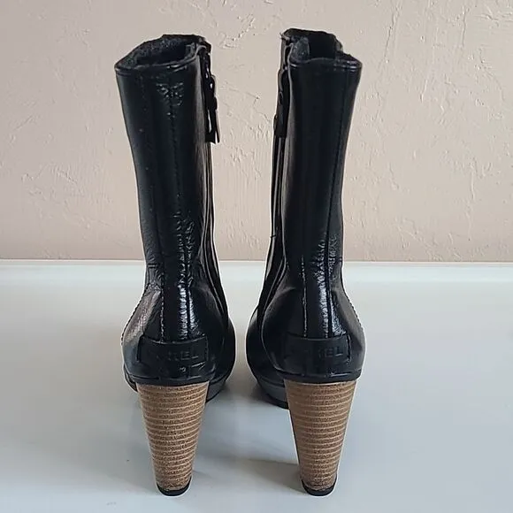 Sorel Medina Tall Rain Boots Wooden Heel Black Leather &amp; Rubber Size 8.5