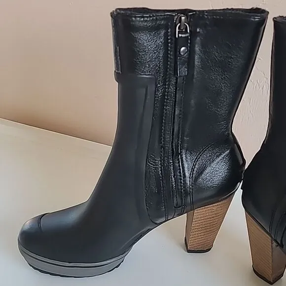Sorel Medina Tall Rain Boots Wooden Heel Black Leather &amp; Rubber Size 8.5
