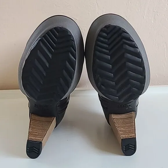 Sorel Medina Tall Rain Boots Wooden Heel Black Leather &amp; Rubber Size 8.5
