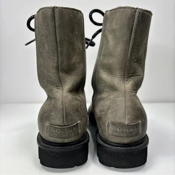 Sorel Phoenix Short Lace Waterproof Greenish Gray Leather Quarry Boots Size 10