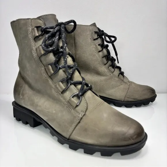 Sorel Phoenix Short Lace Waterproof Greenish Gray Leather Quarry Boots Size 10