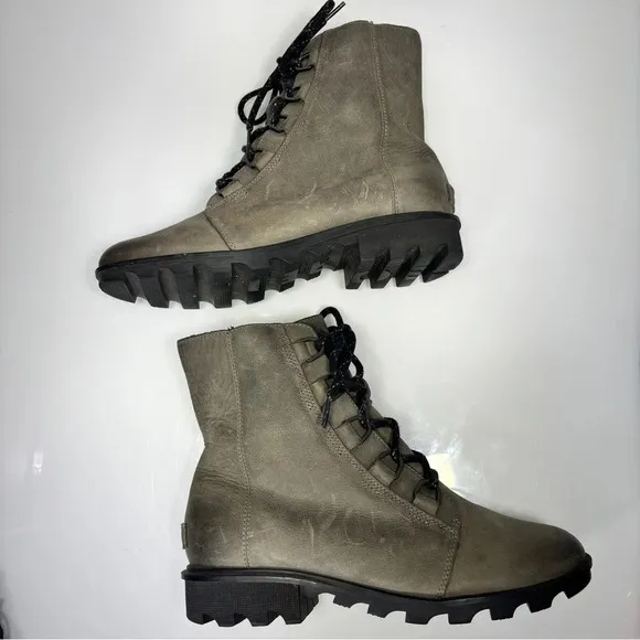 Sorel Phoenix Short Lace Waterproof Greenish Gray Leather Quarry Boots Size 10