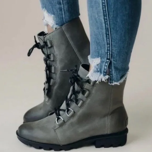 Sorel Phoenix Short Lace Waterproof Greenish Gray Leather Quarry Boots Size 10