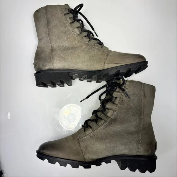 Sorel Phoenix Short Lace Waterproof Greenish Gray Leather Quarry Boots Size 10