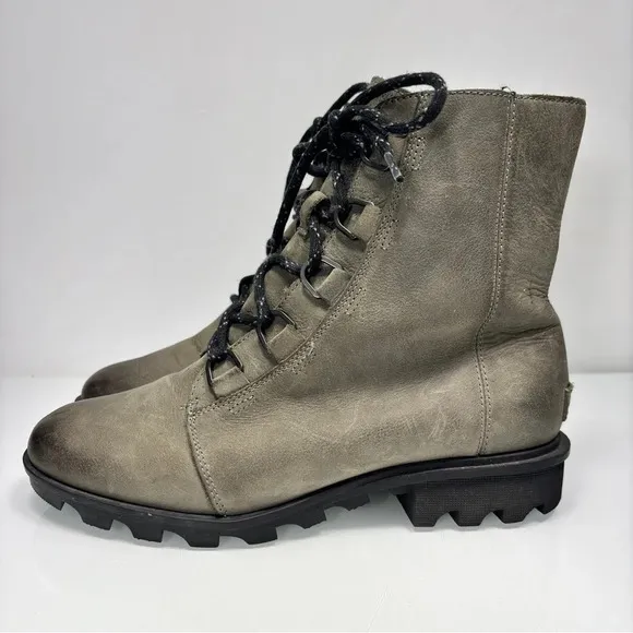 Sorel Phoenix Short Lace Waterproof Greenish Gray Leather Quarry Boots Size 10