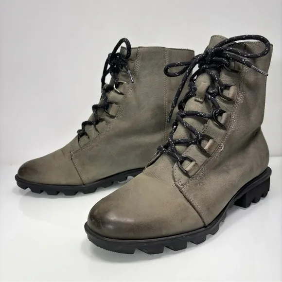 Sorel Phoenix Short Lace Waterproof Greenish Gray Leather Quarry Boots Size 10
