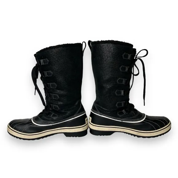 Sorel Tivoli Black White Leather Tall Lace-Up Fleece Lined Winter Snow Boots 8.5