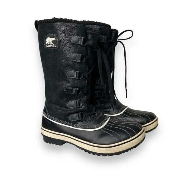Sorel Tivoli Black White Leather Tall Lace-Up Fleece Lined Winter Snow Boots 8.5