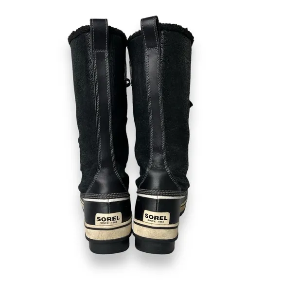 Sorel Tivoli Black White Leather Tall Lace-Up Fleece Lined Winter Snow Boots 8.5