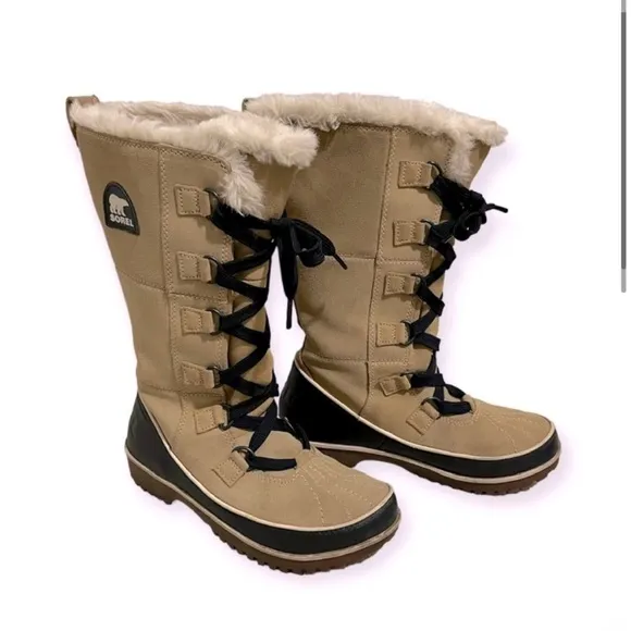 Sorel Tivoli II Tall Fur Lined Lace Up Suede Leather Boot Tan / Black size 6