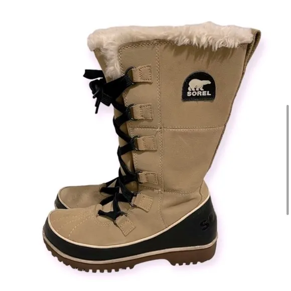 Sorel Tivoli II Tall Fur Lined Lace Up Suede Leather Boot Tan / Black size 6