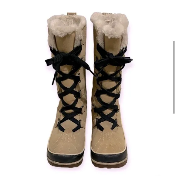 Sorel Tivoli II Tall Fur Lined Lace Up Suede Leather Boot Tan / Black size 6