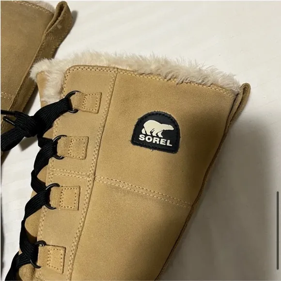 Sorel Tivoli II Tall Fur Lined Lace Up Suede Leather Boot Tan / Black size 6