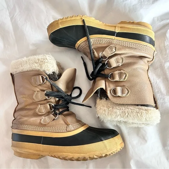 SOREL Vintage Womens Manitou Leather Wool Lined Faux Fur Winter Duck Boots 8