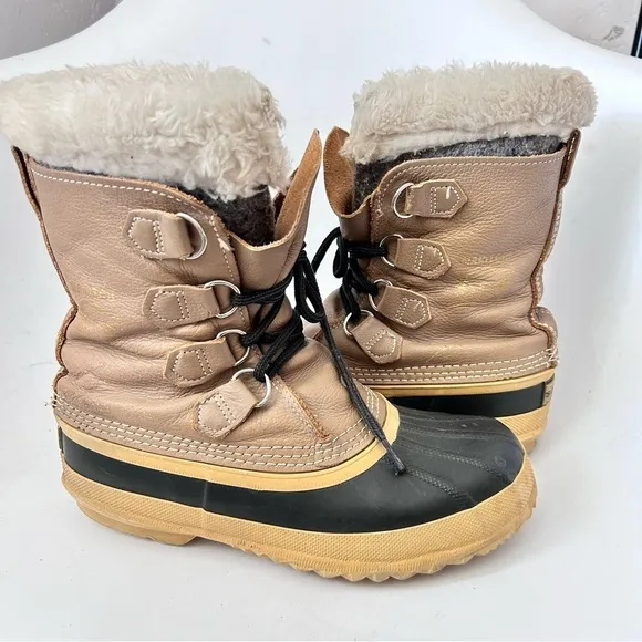 SOREL Vintage Womens Manitou Leather Wool Lined Faux Fur Winter Duck Boots 8