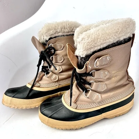 SOREL Vintage Womens Manitou Leather Wool Lined Faux Fur Winter Duck Boots 8