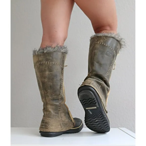 Sorel Winter Suede Leather &amp; Fur Lined Tall Boots Cate the Great Women's Size 10