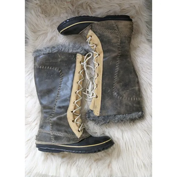Sorel Winter Suede Leather &amp; Fur Lined Tall Boots Cate the Great Women's Size 10