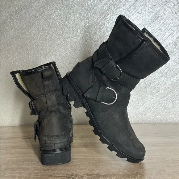 Sorel Women 7 Phoenix Moto Cozy Boot Black Cowhide Suede Sheepskin Ankle Boots
