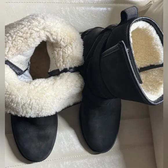 Sorel Women 7 Phoenix Moto Cozy Boot Black Cowhide Suede Sheepskin Ankle Boots