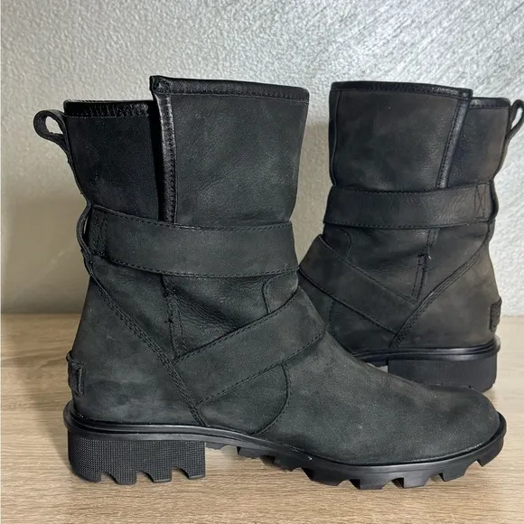 Sorel Women 7 Phoenix Moto Cozy Boot Black Cowhide Suede Sheepskin Ankle Boots