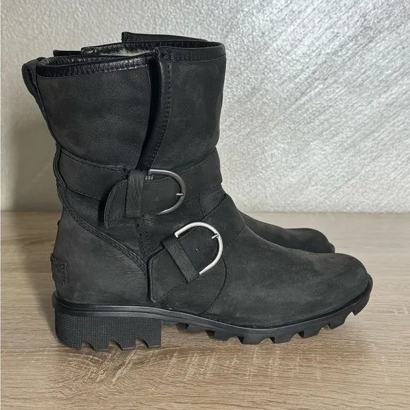 Sorel Women 7 Phoenix Moto Cozy Boot Black Cowhide Suede Sheepskin Ankle Boots