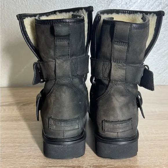 Sorel Women 7 Phoenix Moto Cozy Boot Black Cowhide Suede Sheepskin Ankle Boots