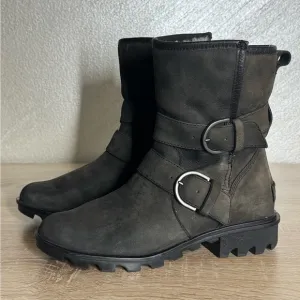 Sorel Women 7 Phoenix Moto Cozy Boot Black Cowhide Suede Sheepskin Ankle Boots