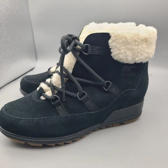 SOREL Women boots Evie Cozy Lace  black suede waterproof faux shearling 10 new
