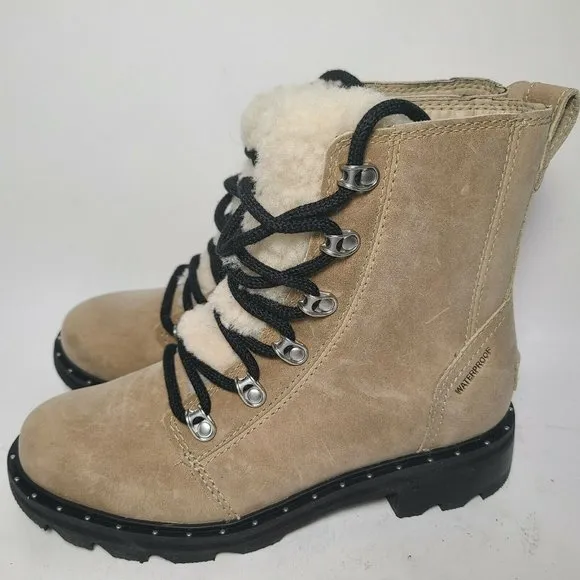Sorel women boots Lennox Lace Cozy LL5996-251 tan suede shearling Size 6 37 new