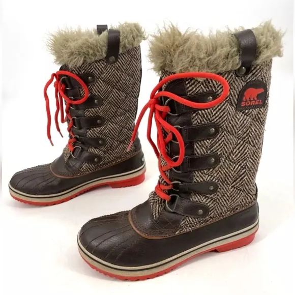 Sorel Women's 5 Tofino Faux Fur Tall Herringbone winter boots lace up