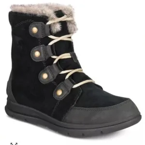 Sorel women's Explorer Joan Boots 8 black lace-up faux fur suede