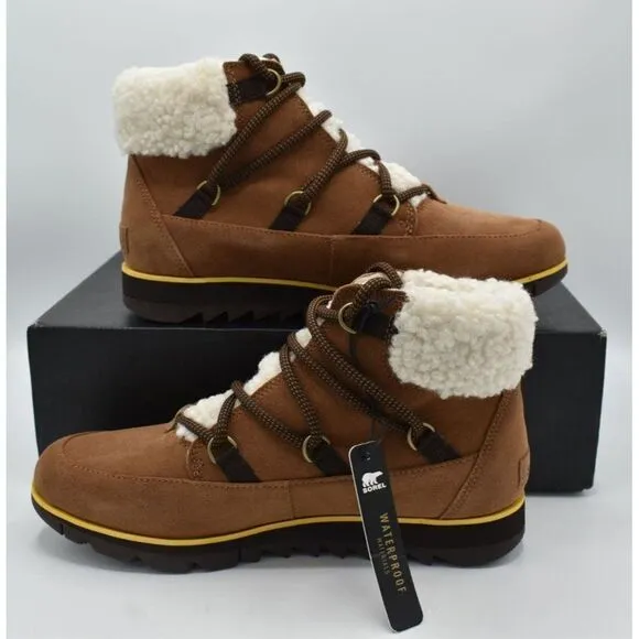 Sorel Womens Sz 8.5 Harlow Lace Cozy Velvet Tan Blackened Brown Waterproof Boots