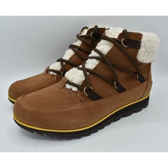 Sorel Womens Sz 8.5 Harlow Lace Cozy Velvet Tan Blackened Brown Waterproof Boots