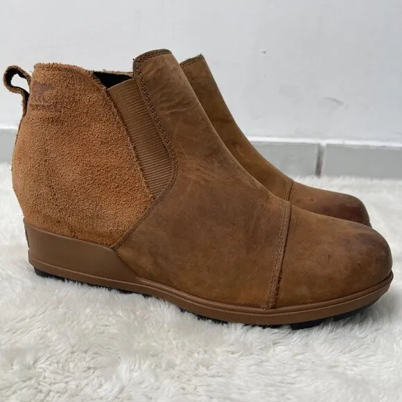 Sorel Women's Tan Brown Evie Leather Suede Ankle Bootie Slip On Shoes Size 9.5