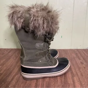 Sorel Womens Joan of Artic Waterproof Green Suede Snow Boots 8 Faux Fur Trim