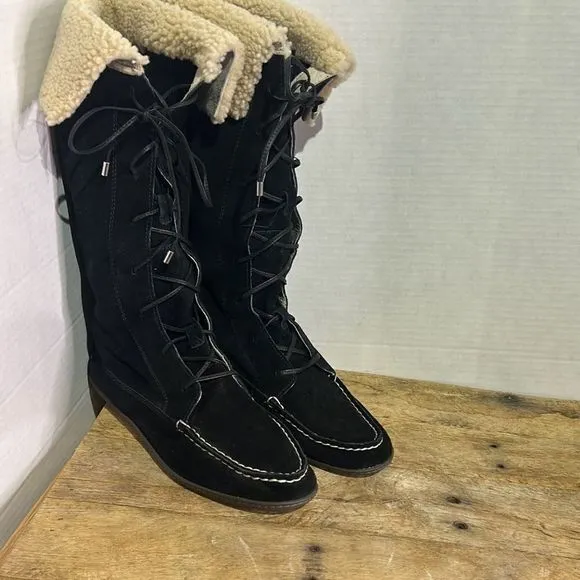 Sperry topsider tall black moccasin boots‎ Sherpa lace up booties