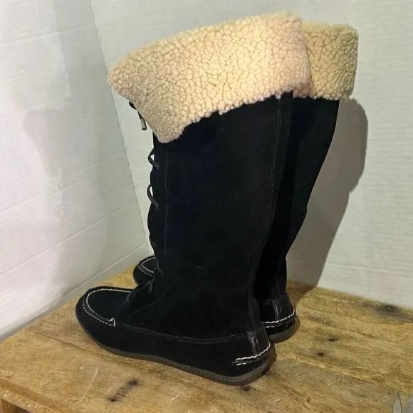 Sperry topsider tall black moccasin boots‎ Sherpa lace up booties