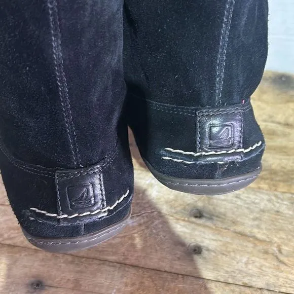 Sperry topsider tall black moccasin boots‎ Sherpa lace up booties